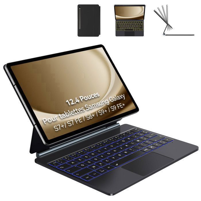 Étui Avec Clavier Pour Samsung Galaxy Tab S10+ Plus/S9+ Plus/S9 FE+ Plus/S8+ Plus/S7+ Plus 124 Rétroéclairage 7Couleurs AZERTY
