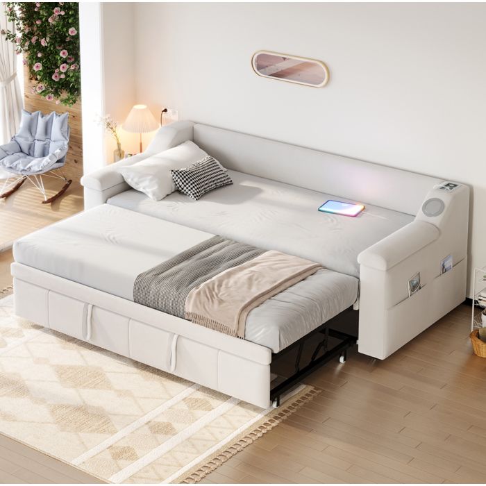 Lit gigogne 90x190/180x190 cm avec Bluetooth USB et rangements structure métal velours beige