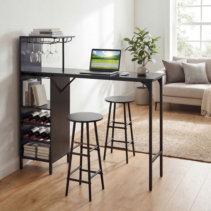 GIANTEX Ensemble Table Haute avec 2 Tabourets de Bar- Mange Debout avec 6 Étagères et Porte-Bouteille- Cuisine Salle à Manger-Noir