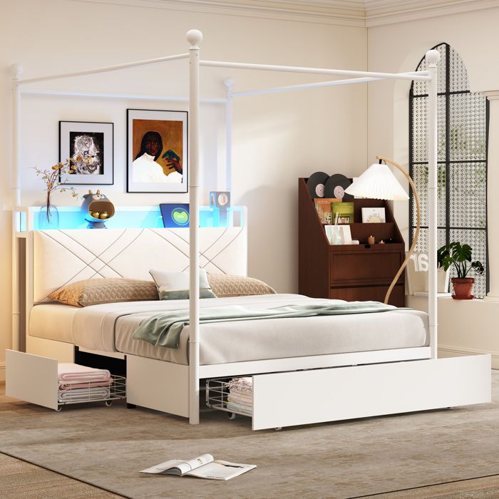 Lit double - Baldaquin transformable 140 x 190 cm - LED intégrée - Ports USB/Type-C - 3 tiroirs de rangement
