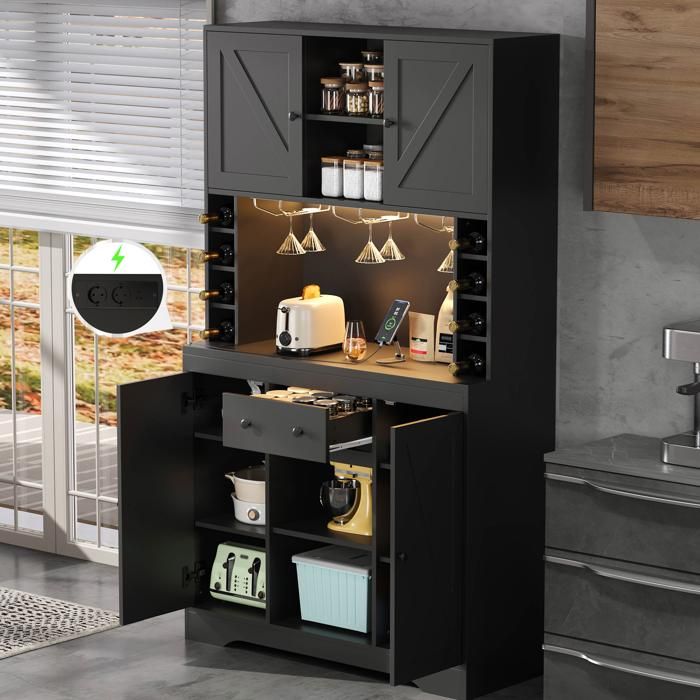 Meuble haut de cuisine - HIBA - 180x105x40cm - LED multicolore APP - Prises 2AC+USB+Type-C - Support verres inox