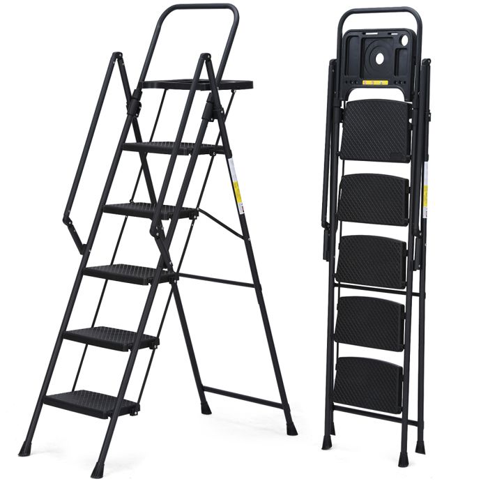 Escabeau 6 marches acier pliant tabouret antidérapant avec main courante sécurité charge 150kg multifonction maison cuisine noir