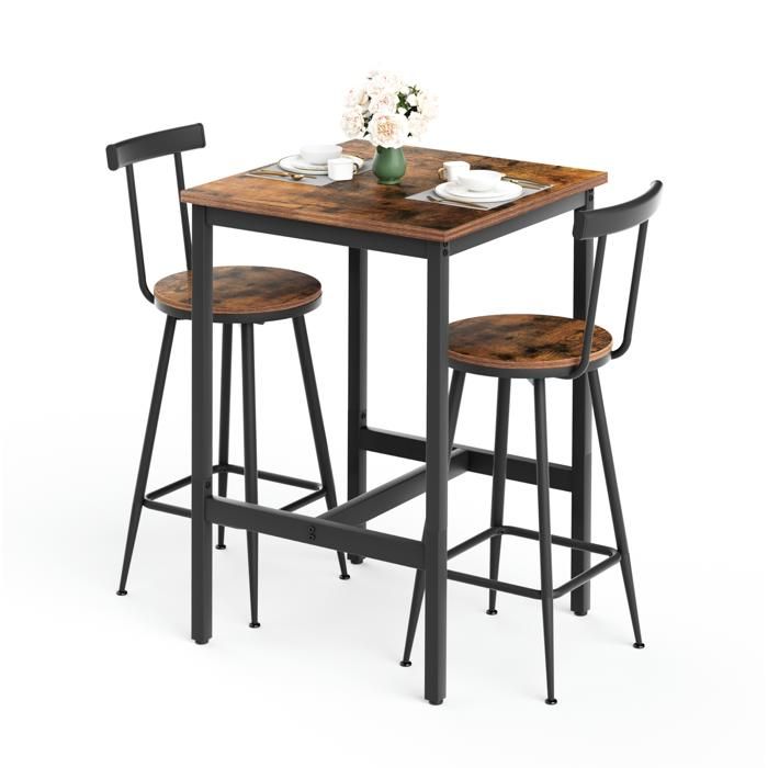 Table haute de bar 2 personnes 1 table 60x60x92 cm + 2 tabourets acier brun rustique