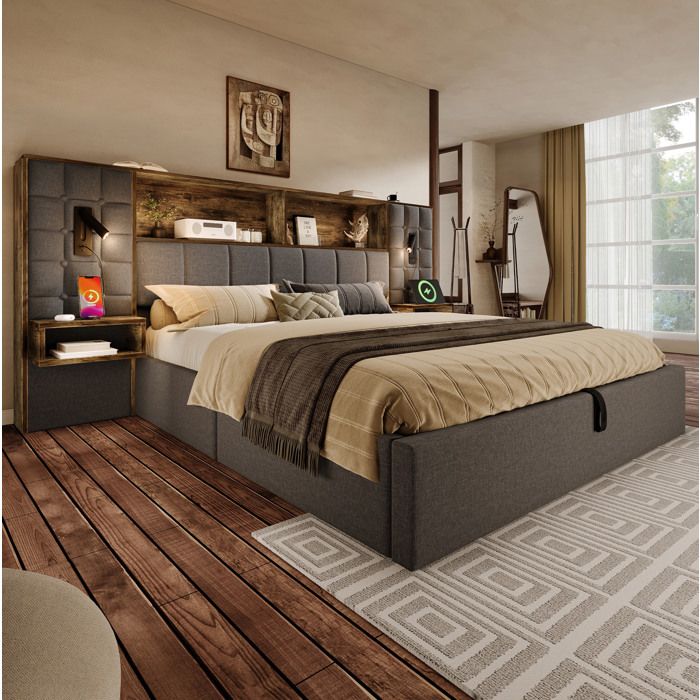 Lit coffre 160x200 cm avec rangements lampes de lecture et ports USB Type-C - TCQPZ - en tissu lin gris