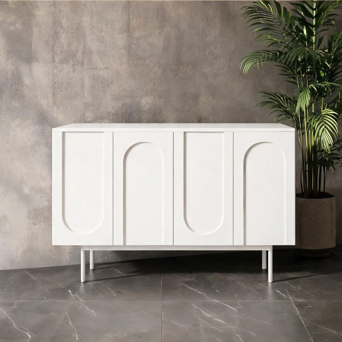 White-toned MDF panneaux et métal sideboard buffet pour séjour et salle à manger design minimaliste à 4 portes