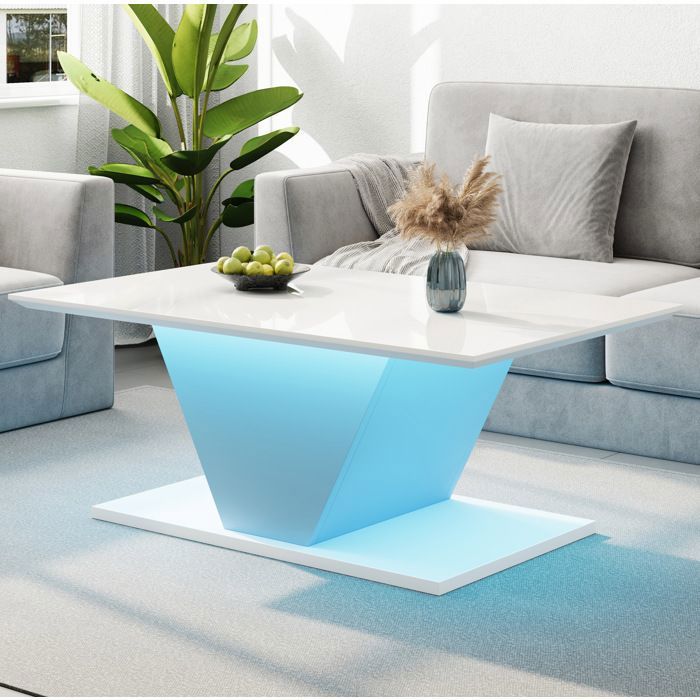 Table basse blanche brillante en forme V avec LED 100 × 50 × 46 cm