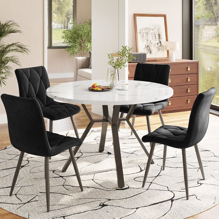 Ensemble table et chaises salle à manger - Table ronde en marbre - Pieds en métal noir - Chaises ergonomiques en daim