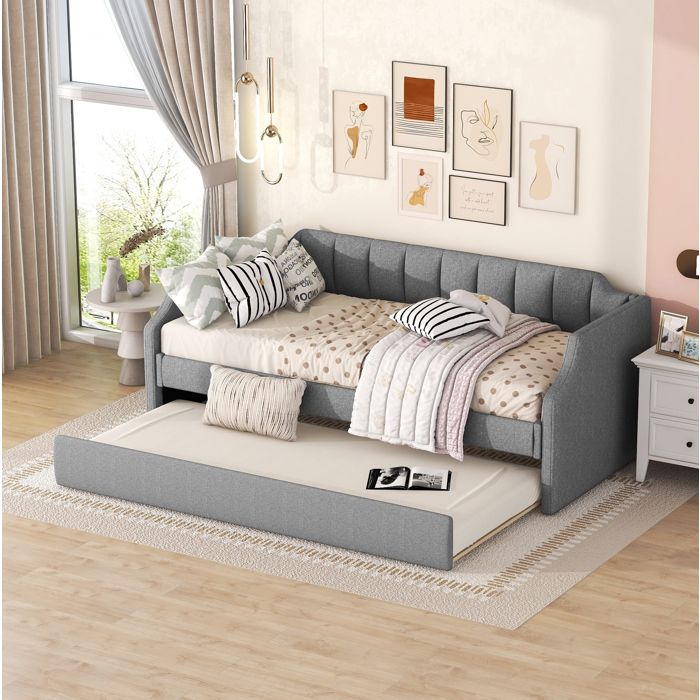 Lit gigogne 90 x 200cm - Accoudoirs - 2 en 1 - Sommier - gris