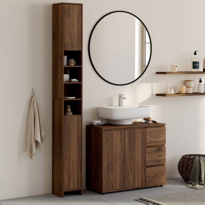 Meuble colonne salle de bain TOMI 2 portes 4 niches effet noyer Meuble colonne salle de bain TOMI 2 portes 4 niches effet noyer