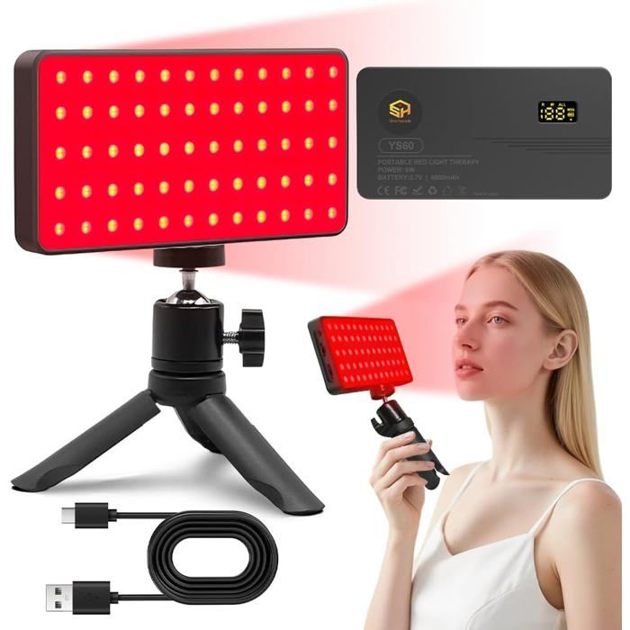 Panneau Lampe Lumière Rouge 660nm & 850nm LED Rechargeable 60 LED 3-en-1 Variateur 0-100% Minuterie Support