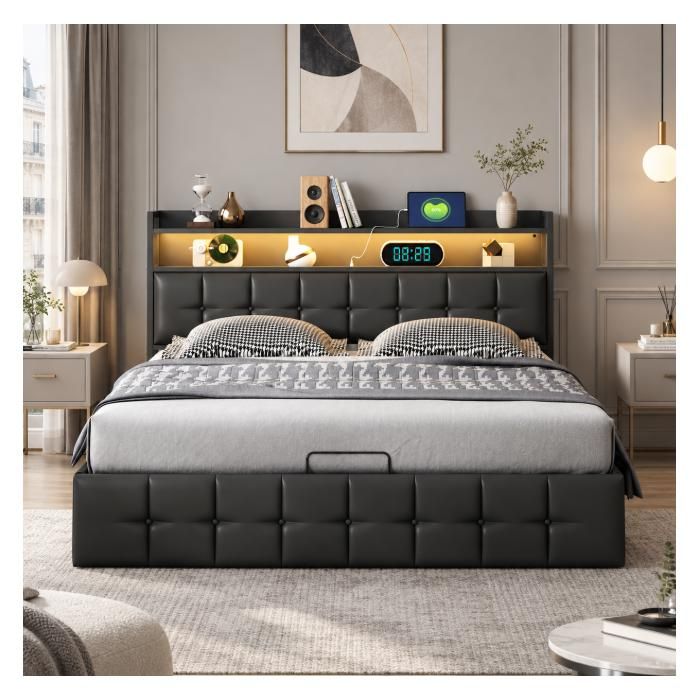 Lit coffre 160x200 cm avec USB et USB-C lit adulte rembourré éclairage LED lit avec rangement et sommier hydraulique cuir noir