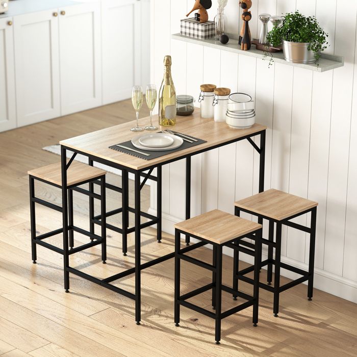 Ensemble table de bar et 4 tabourets hauts table 100 x 60 x 88 cm tabourets 32 x 32 x 57 cm noir et chêne