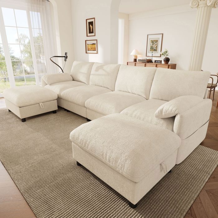 Canapé d’angle modulable 6 places 273 5 x 133 x 81 cm avec 2 poufs coffre USB type-C chenille beige