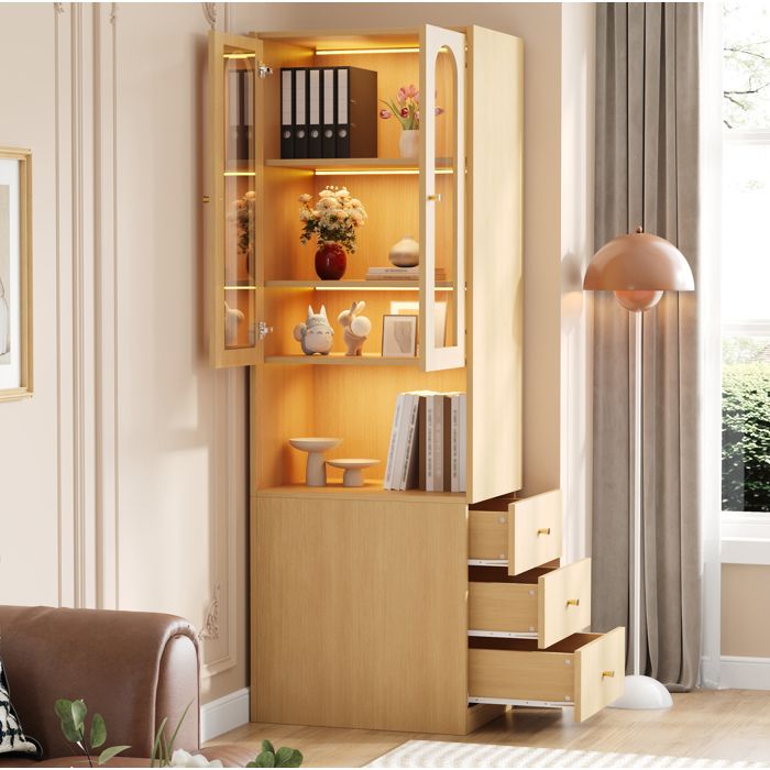 Meuble rangement bibliothèque étroite avec vitrine en verre trempé LED 3 tiroirs 60 x 40 x 200 cm ORVRYN