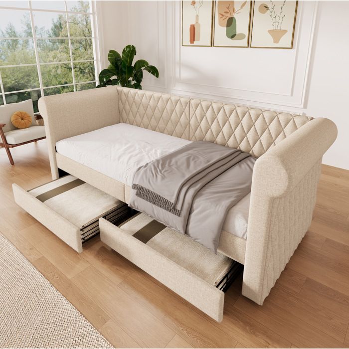 WOVREO Lit banquette 90 x 200 cm en lin beige avec 2 tiroirs sommier à lattes inclus