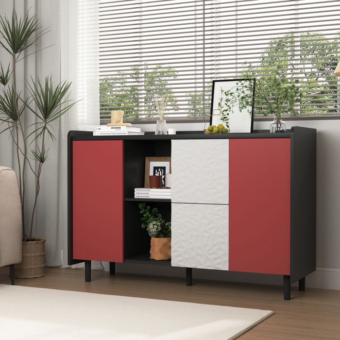 Buffet bas 2 Portes 2 Tiroirs et 2 Niches Ouvertes - YEAVIO - Meuble de Rangement pour Cuisine MDF Noir Rouge 120×40×80 cm