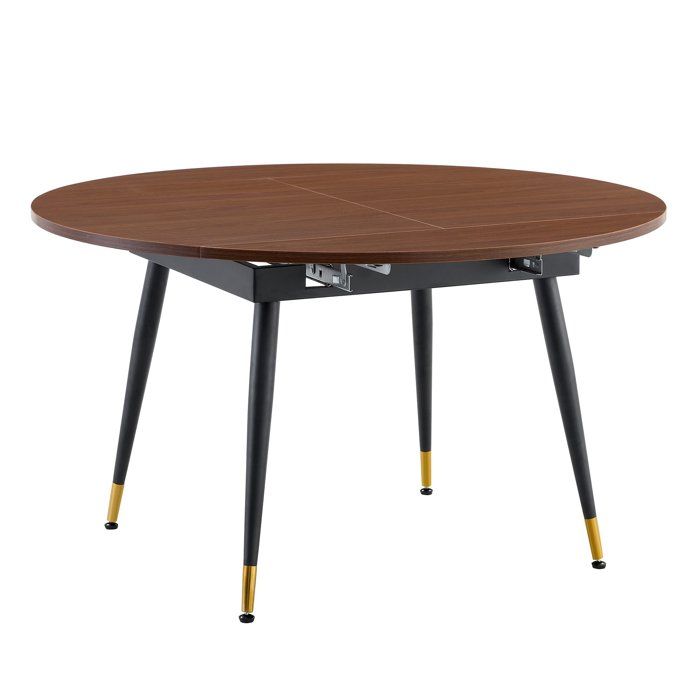 Table à rallonges pouvant passer dune forme ronde à une forme ovale pieds en métal noir et couleur noyer 135 × 85 × 77 cm