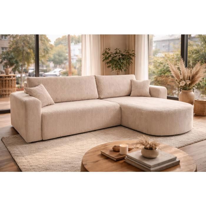 Canapé dAngle réversible convertible avec fonction de couchage coffre universel en velours côtelé beige Kimo XL