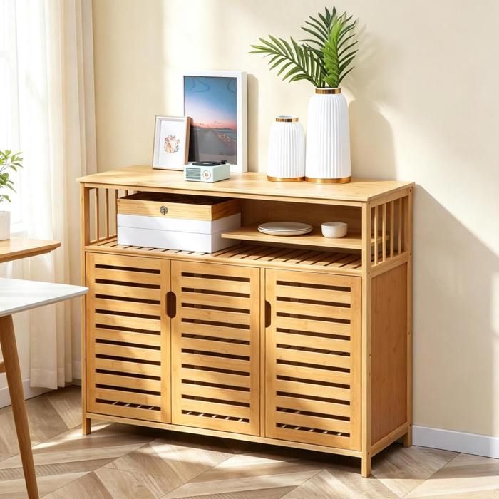 Buffet bas meuble de rangement en bambou naturel avec portes à lamelles étagère ouverte 100 cm JOINERY