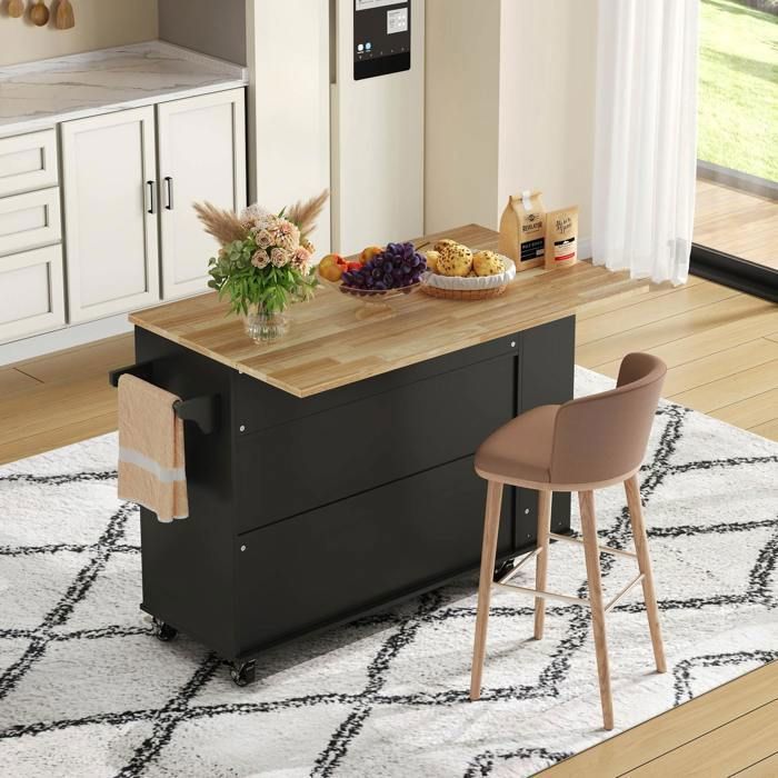 Îlot de cuisine noir 120 cm avec plateau rabattable desserte mobile à roulettes rangements tiroirs et porte-bouteilles intégré