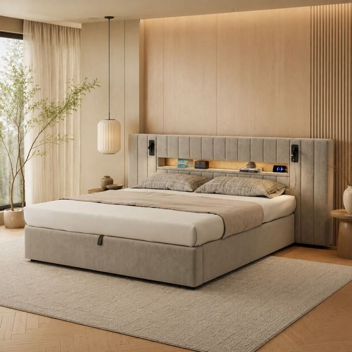 Lit coffre 180 x 200 cm en velours gris avec USB LED lampe de chevet rangement sans matelas TYNQER