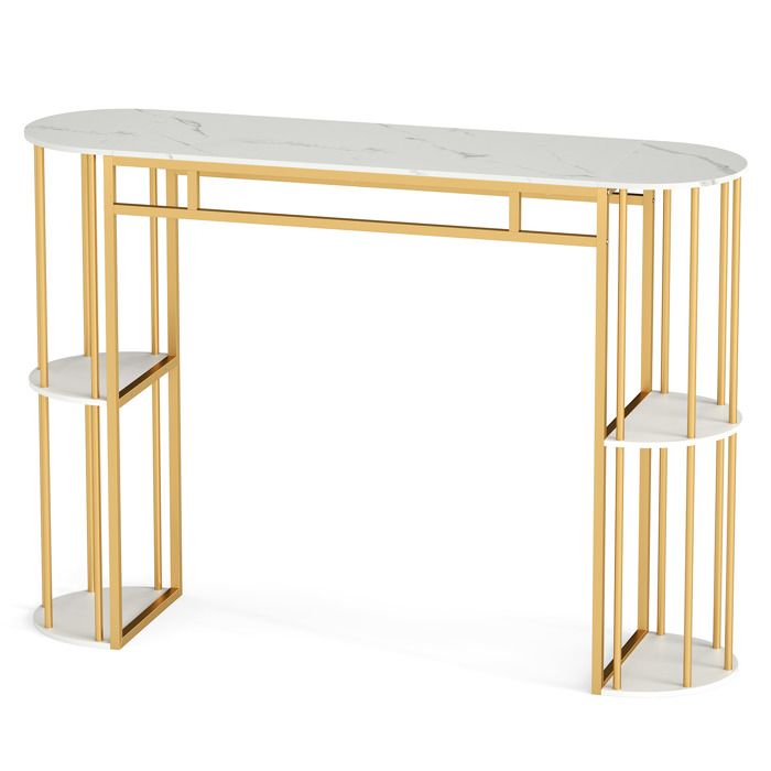 Table de Bar Haute GIANTEX 4 Étagères de Rangement Mange-debout Effet Marbre Table Haute de Cuisine Étroite 150x40x105 cm Blanc