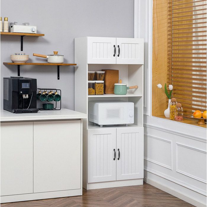 Meuble haut de cuisine blanc 70 x 40 x 170 cm - 4 portes niche micro-ondes étagères réglables anti-basculement