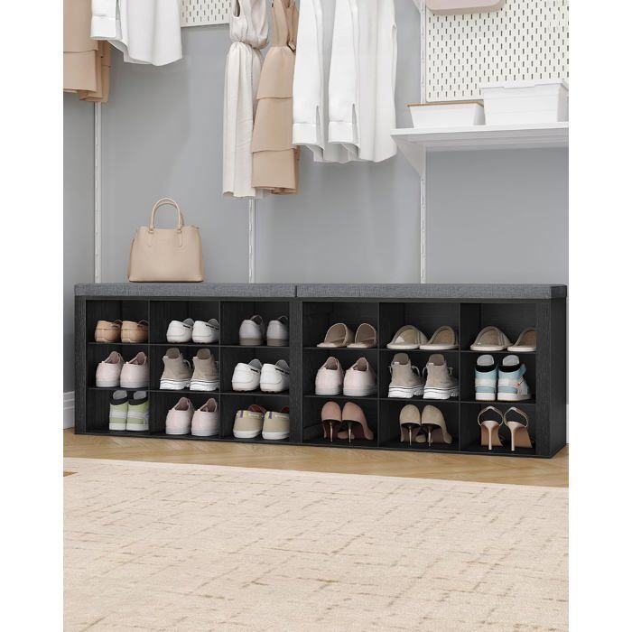 Banc à chaussures avec siège – 18 compartiments étagères réglables coussin 4 cm 30 x 150 x 48 cm 150 kg noir et gris foncé