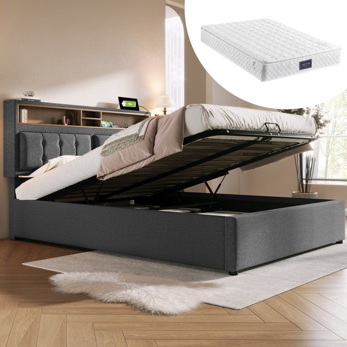 Lit coffre 140x200 en lin gris structure en bois et métal avec sommier à lattes et rangement