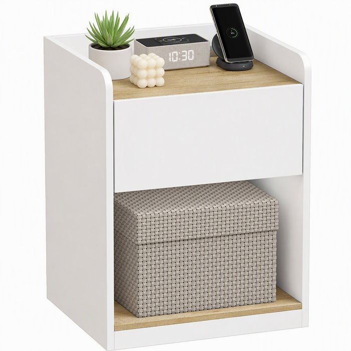 Table de chevet - HOMCOM - moderne tiroir à glissières niche plateau passe-câbles - bois - 42x37x55cm - blanc chêne Table de chevet - HOMCOM - moderne tiroir à glissières niche plateau passe-câbles - bois - 42x37x55cm - blanc chêne