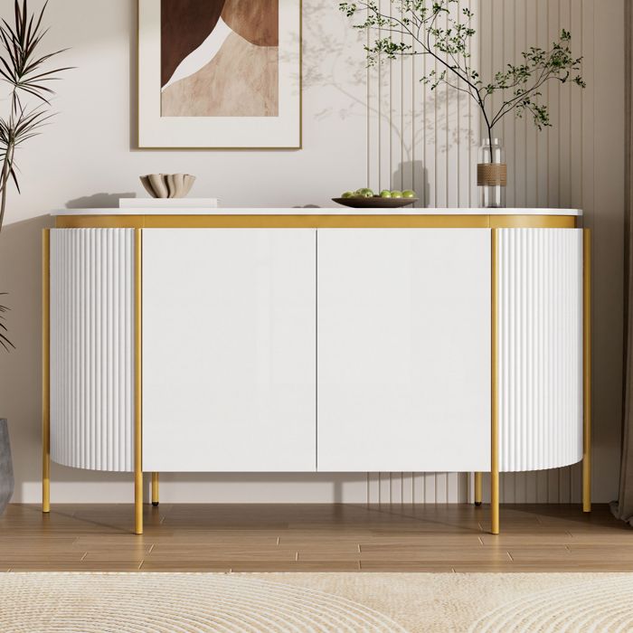 Buffet blanc de salon MDF pieds en fer 4 portes ovales aux angles arrondis étagères rainurées système de gestion des câbles