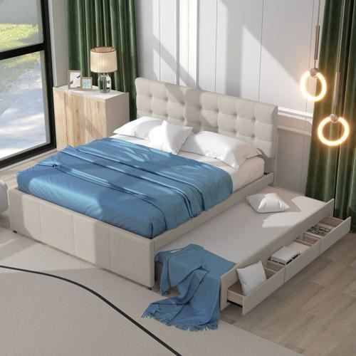 lit adulte 140 x 200 cm, lit extensible avec espace de stockage,  sommier, tête de lit réglable en hauteur, beige