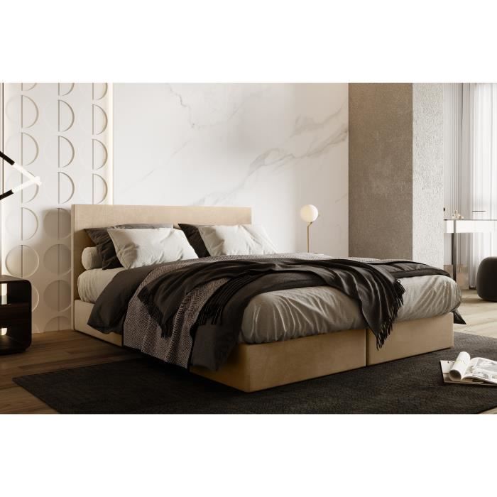 Lit adulte 160x200 cm SIESTA - rembourré avec rangement et matelas ressorts ensachés – tissu velours - beige Lit adulte 160x200 cm SIESTA - rembourré avec rangement et matelas ressorts ensachés – tissu velours - beige