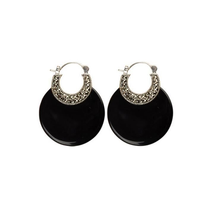 Géométrique Large Plat Noir Onyx grandes boucles créoles argent Sterling 1