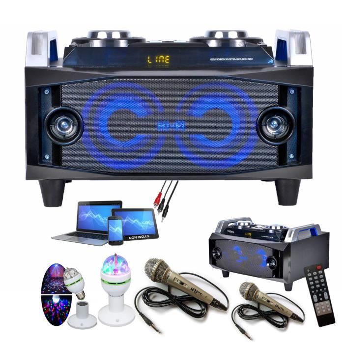 Karaoké Enceinte Hifi de haute qualité avec Radio FM Bluetooth Usb Mp3 + 2 Micros + câble PC + Jeu de lumière PA DJ Noël
