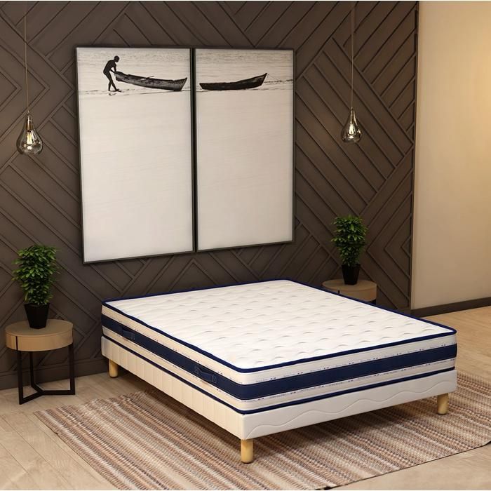 Ensemble Blue Memory Sommier + Matelas 140x190 cm Hauteur 22 cm Mousse à mémoire de forme 4 Pieds Confort équilibré