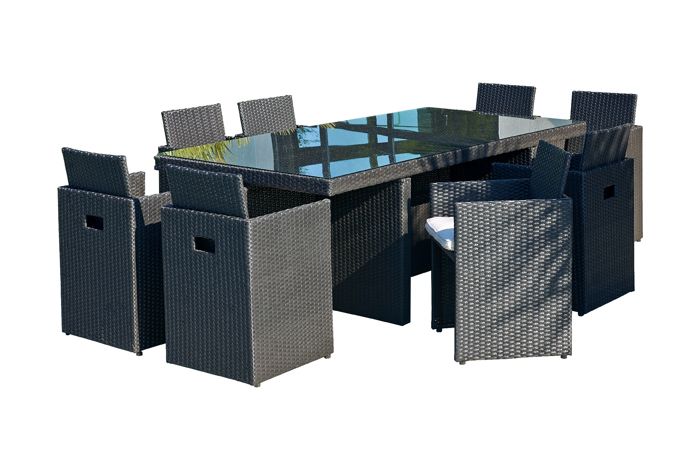 Ensemble repas de jardin encastrable PVC-8-N+ 8 places en résine tressée et plateau verre - NOIR