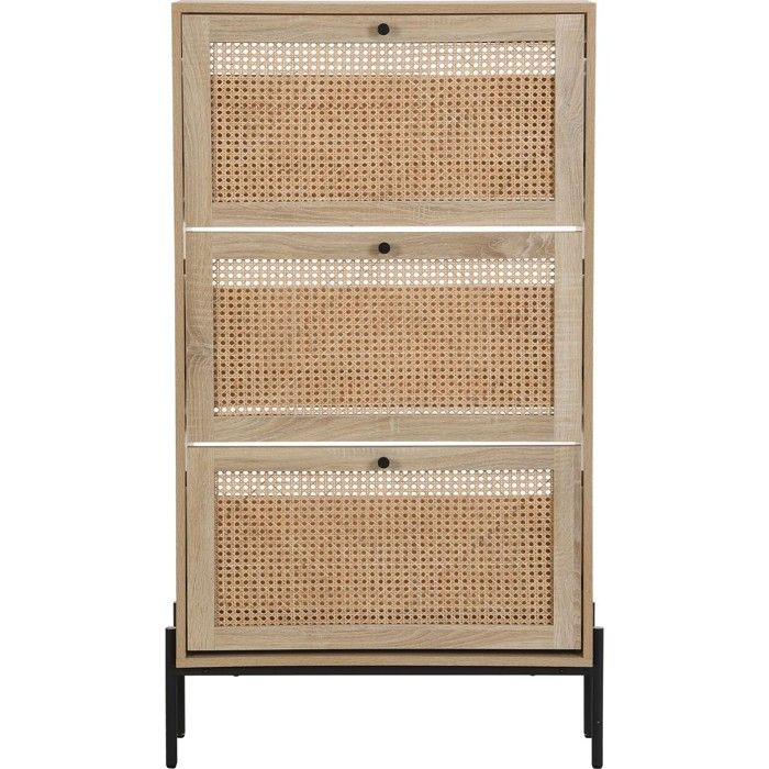 Meuble à chaussures 3 portes en cannage et effet chêne 70 cm - Iris Meuble à chaussures 3 portes en cannage et effet chêne 70 cm - Iris