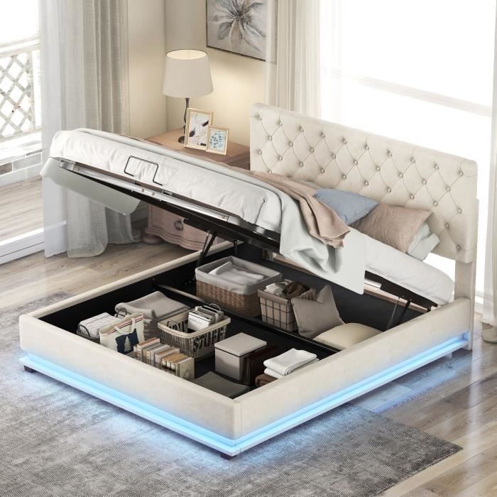 lit rembourré - 140 x 200 cm - beige - lumières led - tête de lit avec ports usb - coffre de rangement