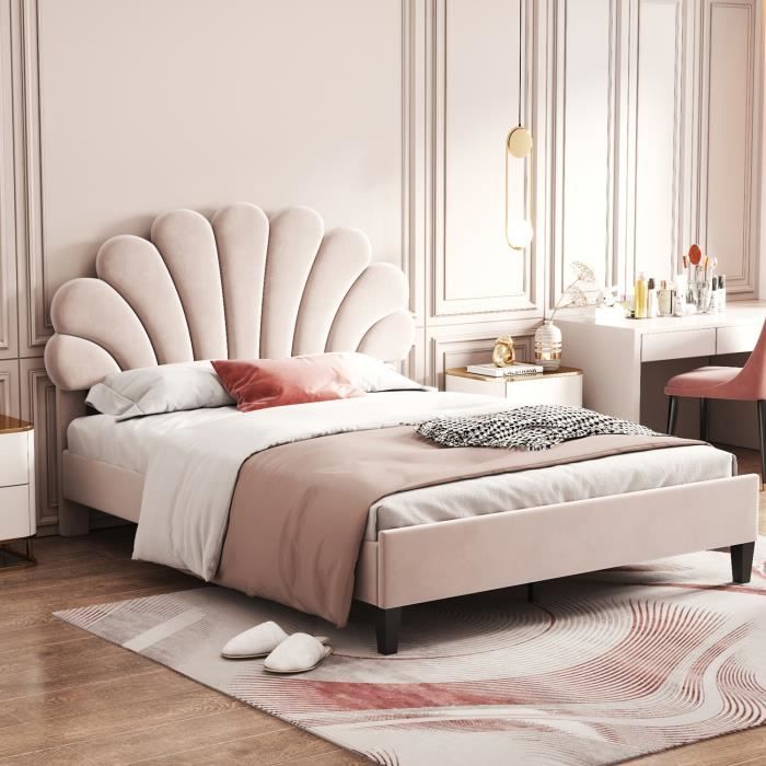 Lit double scandinave 140 x 200 cm tête de lit en forme de fleur et sommier à lattes beige - MODERNLUXE Lit double scandinave 140 x 200 cm tête de lit en forme de fleur et sommier à lattes beige - MODERNLUXE