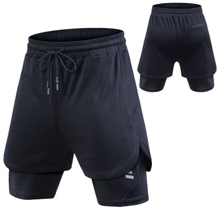 Short de Compression 2 en 1 pour Homme - Marque - Noir - Running