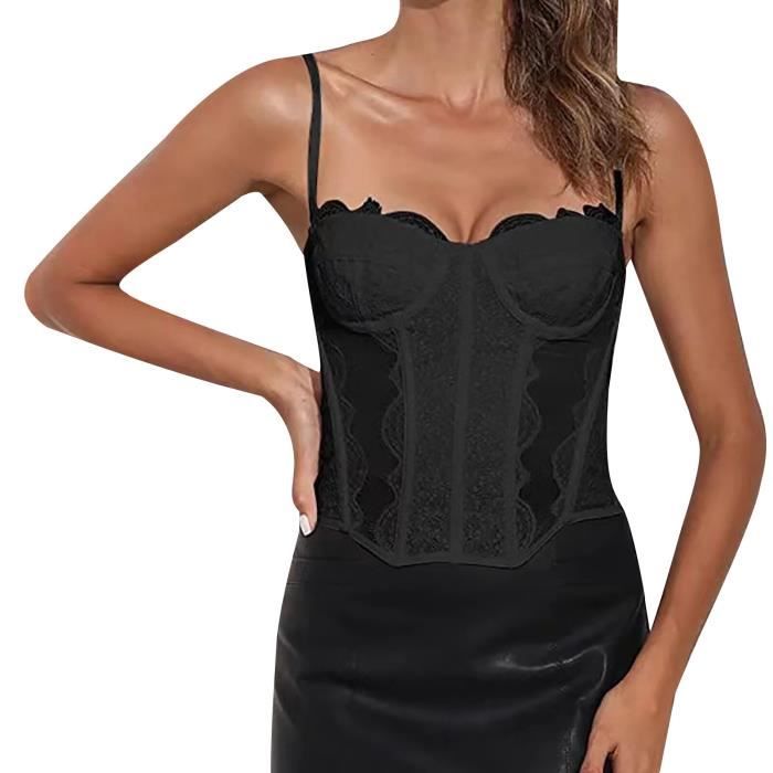 top corset en dentelle patchwork pour femme - amzbarley - avec bretelles spaghetti et dos nu - noir - respirant