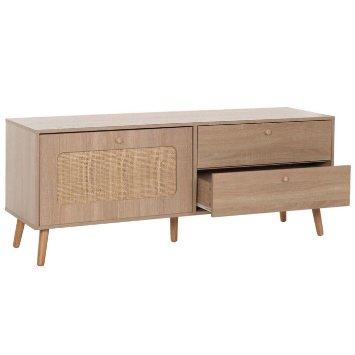 Rack TV HWC-M38 Buffet TV Armoire TV Commode tiroir porte Kubu rotin bois 56x140x41cm aspect chêne Rack TV HWC-M38 Buffet TV Armoire TV Commode tiroir porte Kubu rotin bois 56x140x41cm aspect chêne