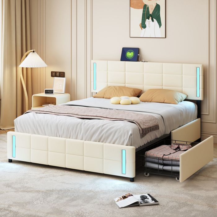 Lit Double 140x200 Cm Avec Tête De Lit Rangement, LED Et USB - Cadre Velours Beige, 4 Tiroirs