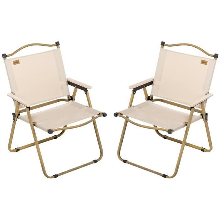 lot de 2 chaises de plage camping pliantes - poignée - structure acier aspect bois oxford beige 54x59x78cm beige