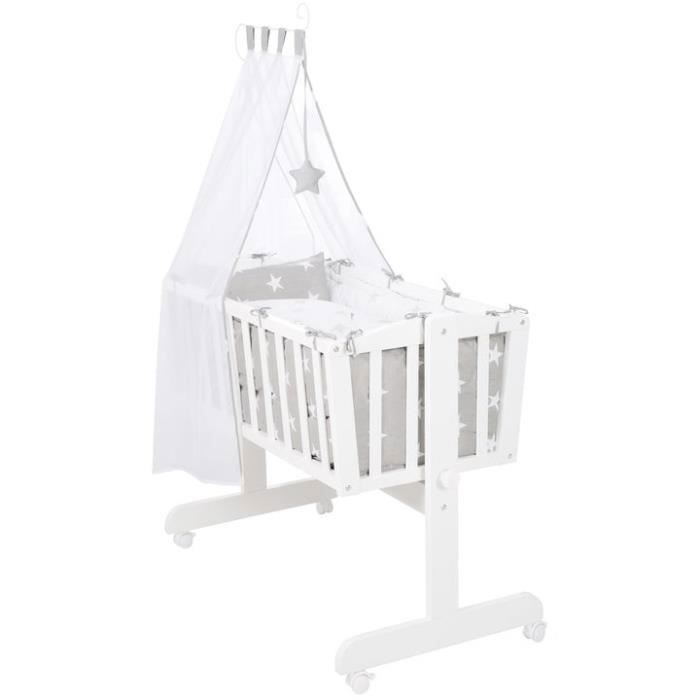 ROBA Berceau Bébé Complet Little Stars à 4 Roues - 40 x 90 cm - avec Equipement Textile - Blanc / Gris