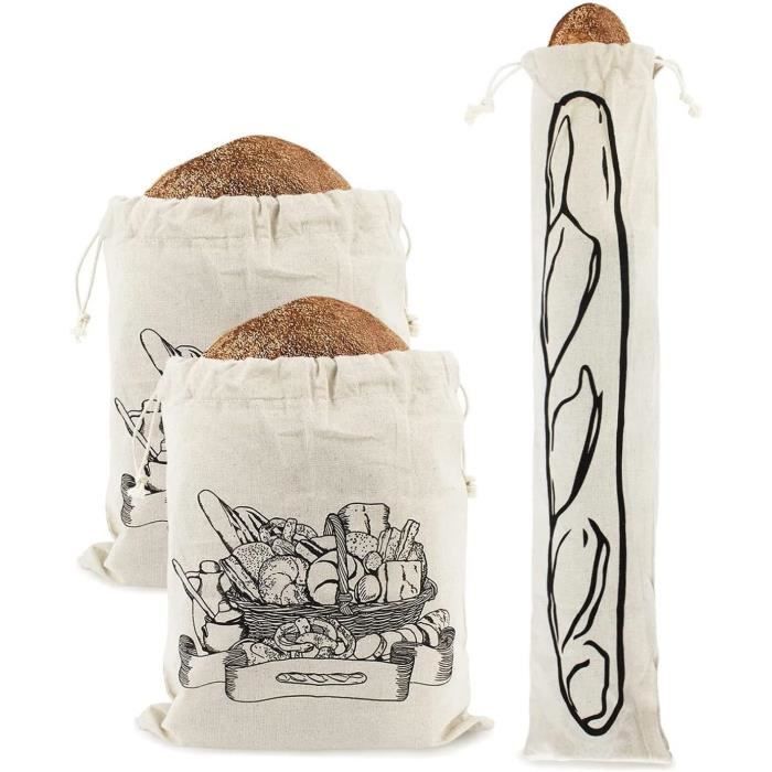 4 Sacs à Pain Lin Réutilisables - 37x30cm Et 61x16cm - Cordon De Serrage - Conservation Alimentaire