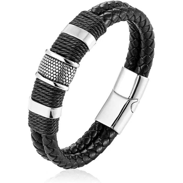 Bracelet Homme Cuir Noir Manchette Bracelet Cuir Véritable Vikings-Religion-Prénom Personnalisé