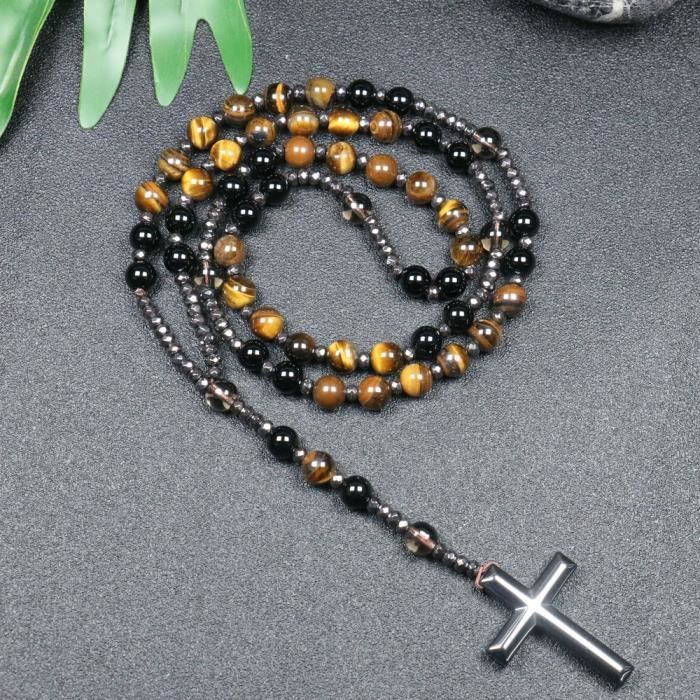 Chapelet Collier En Hématite Noire Avec Croix Et Médaille Saint Benoît - 48.5 Cm - Pour Hommes Et Femmes
