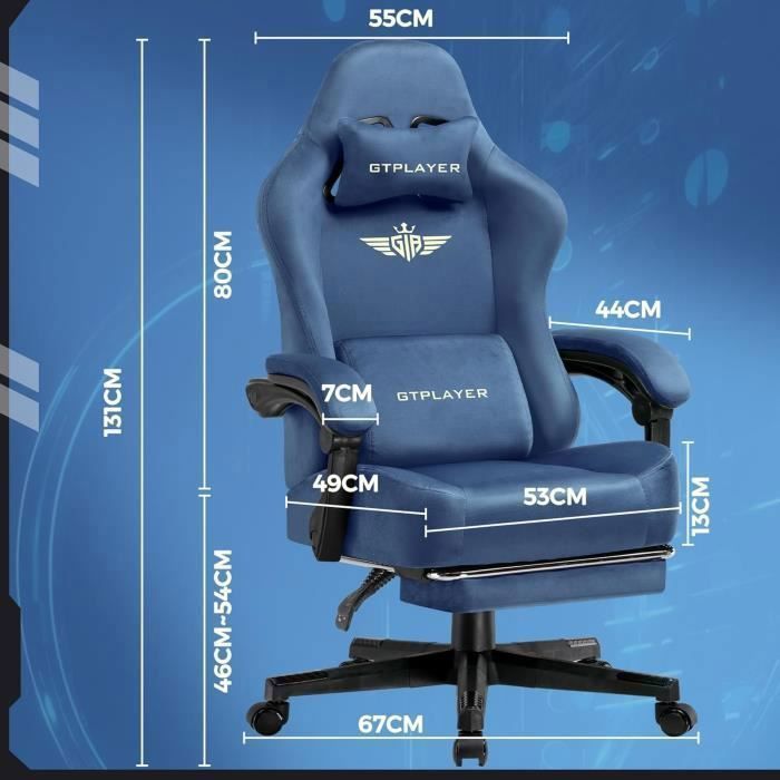 Chaise Gaming Ergonomique En Tissu Lin - Dossier Inclinable, Repose-pieds, Réglable En Hauteur, Bleu